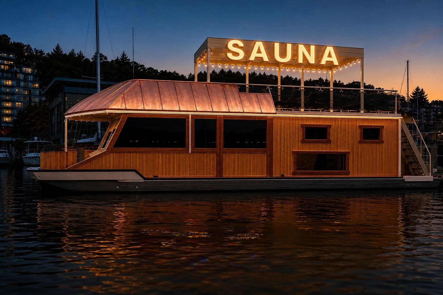 Banya Boat floating sauna glowing at dusk on Lake Union, Seattle, with the illuminated SAUNA sign on the upper deck